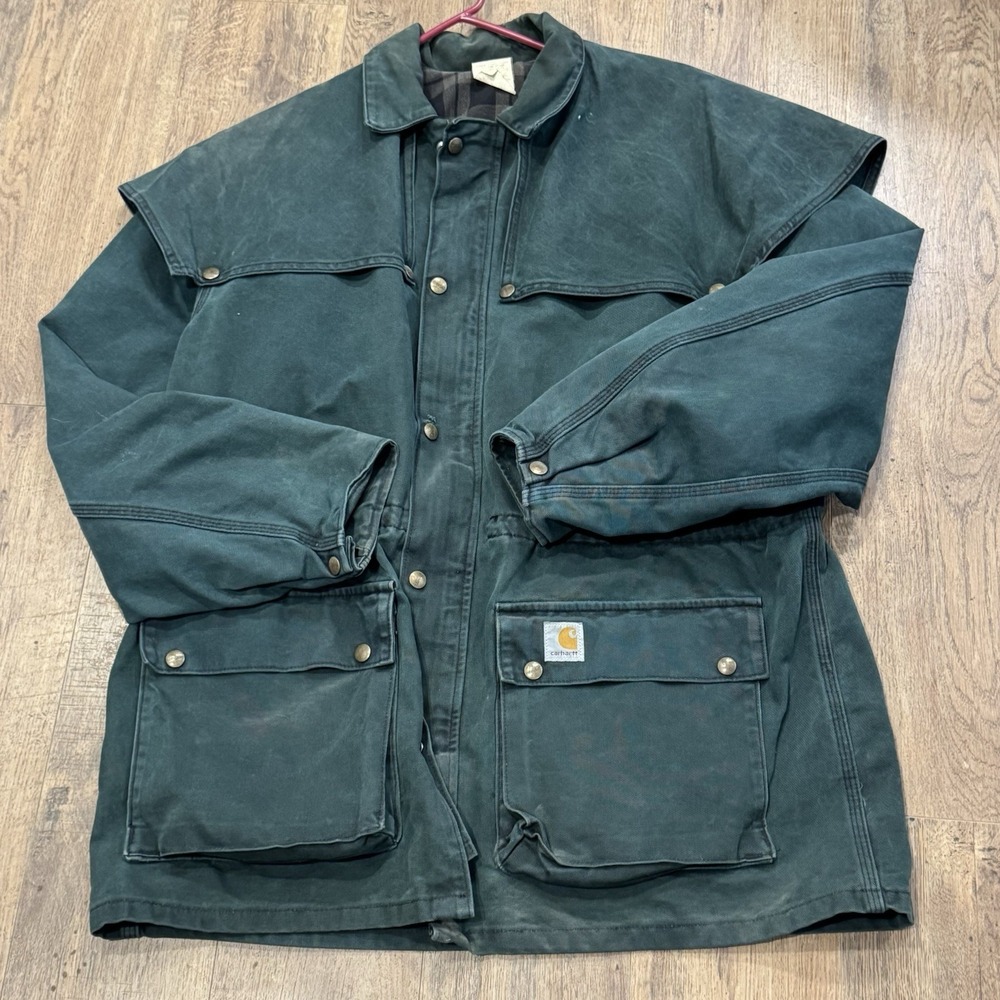 CARHARTT Vintage CW043 Mens Sz L Blue Green Duck Shoulder Cape Chore Jacket Coat